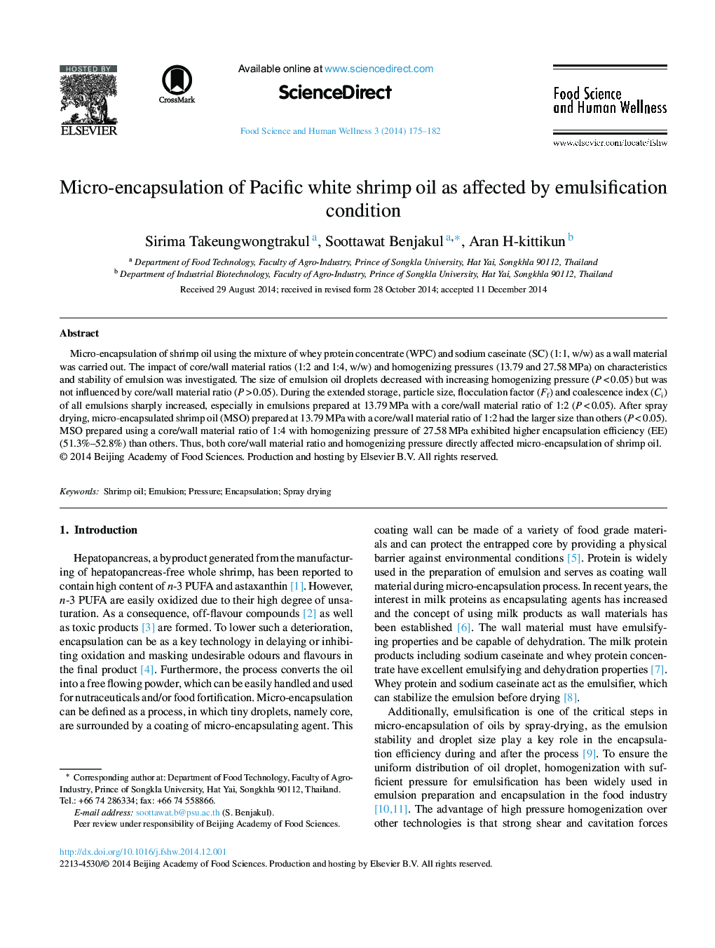 Micro-encapsulation of Pacific white shrimp oil as affected by emulsification condition 