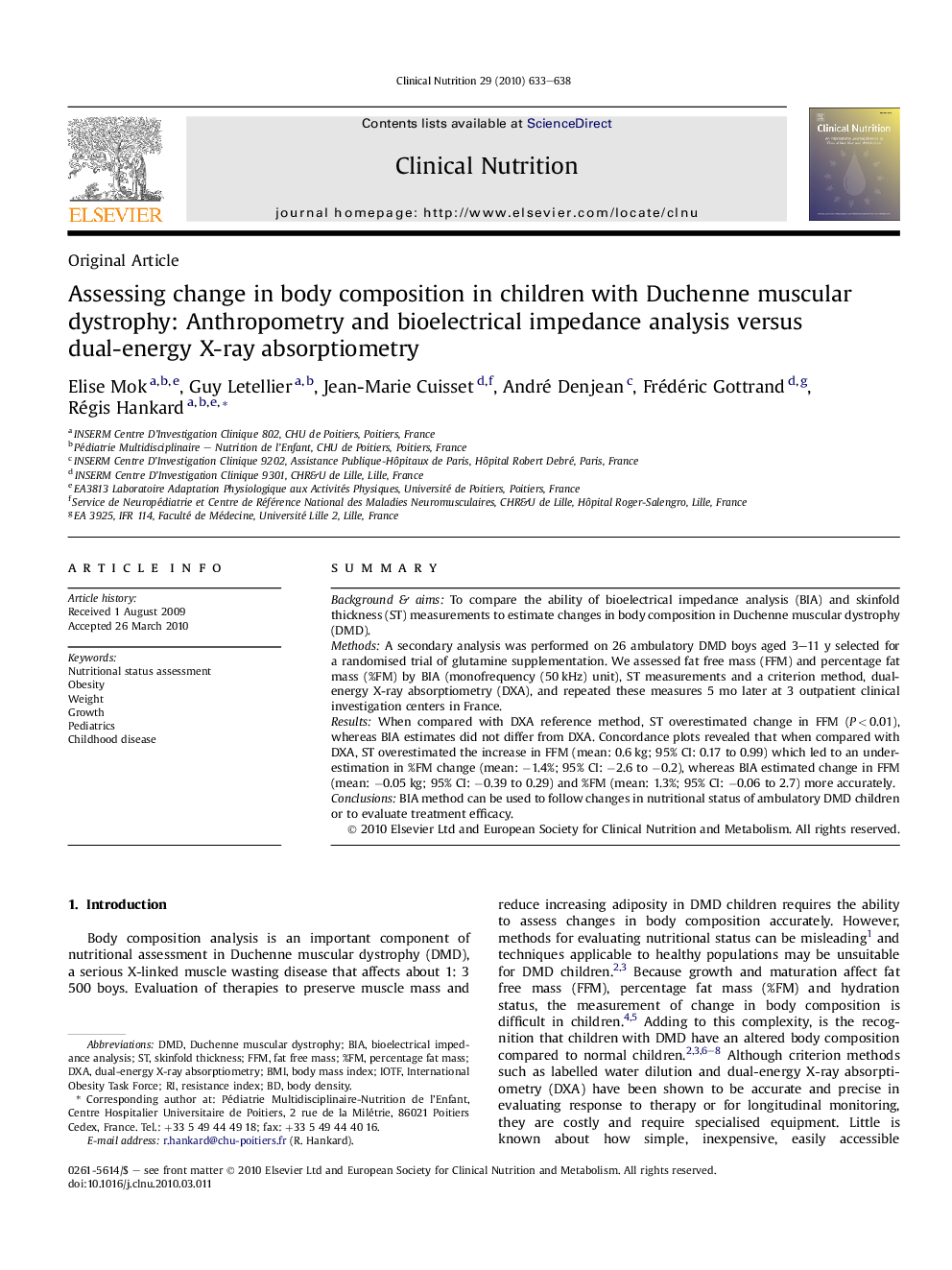 Assessing change in body composition in children with Duchenne muscular dystrophy: Anthropometry and bioelectrical impedance analysis versus dual-energy X-ray absorptiometry