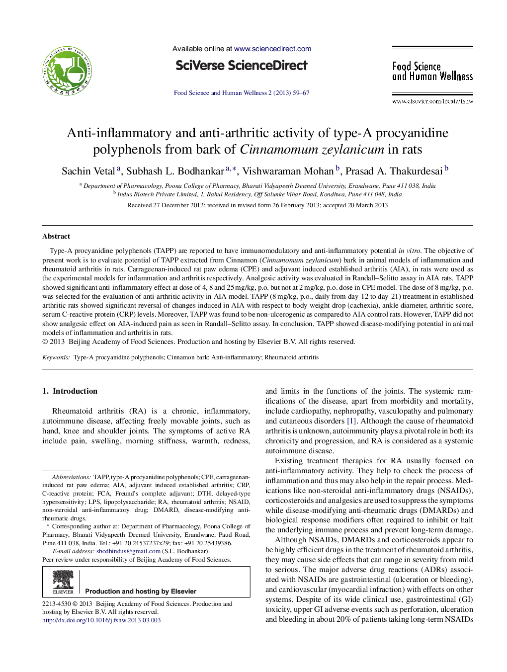 Anti-inflammatory and anti-arthritic activity of type-A procyanidine polyphenols from bark of Cinnamomum zeylanicum in rats 