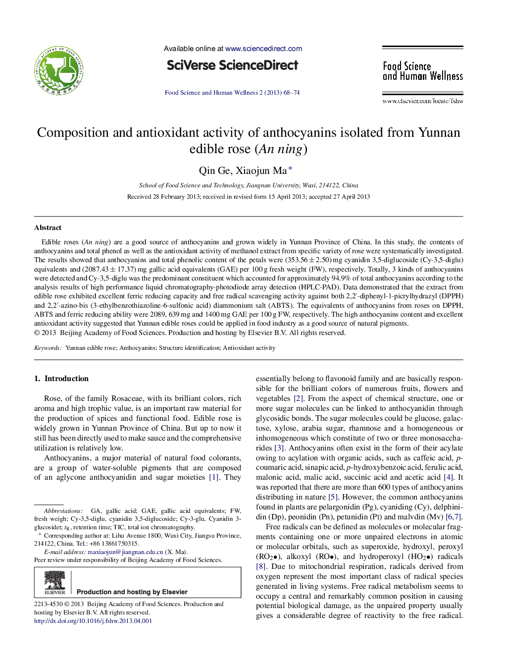 Composition and antioxidant activity of anthocyanins isolated from Yunnan edible rose (An ning) 