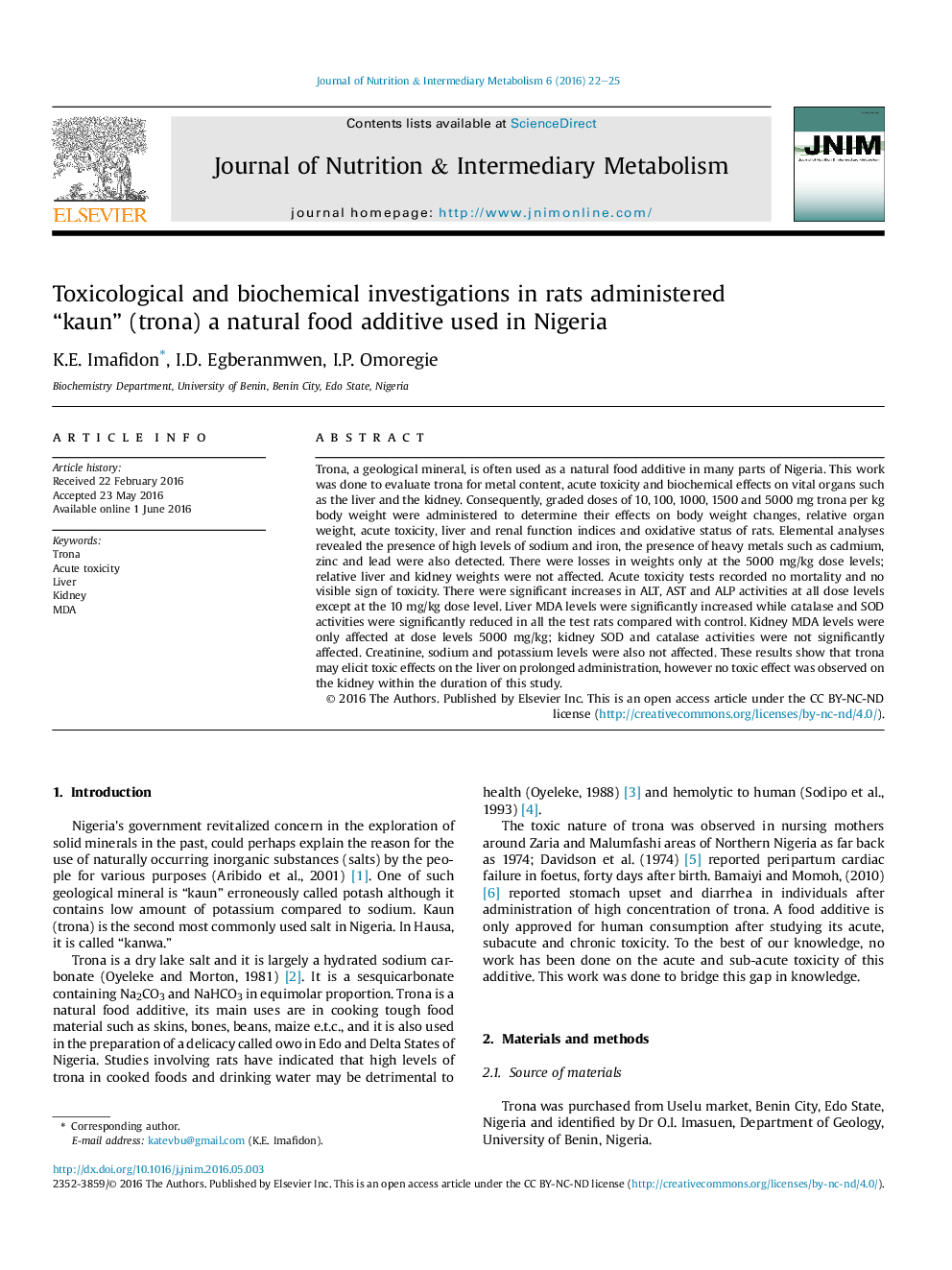 Toxicological and biochemical investigations in rats administered “kaun” (trona) a natural food additive used in Nigeria