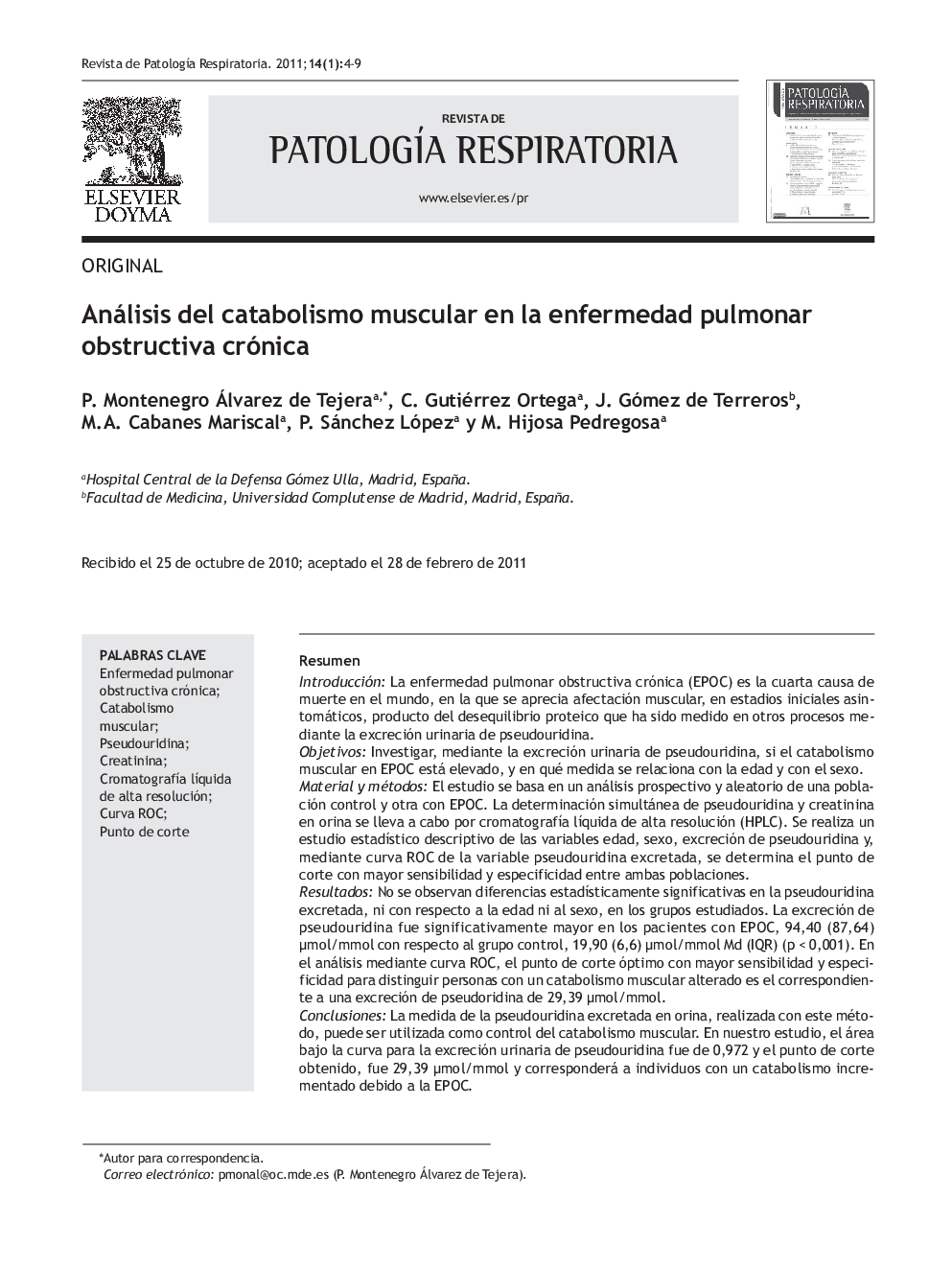 Análisis del catabolismo muscular en la enfermedad pulmonar obstructiva crónica