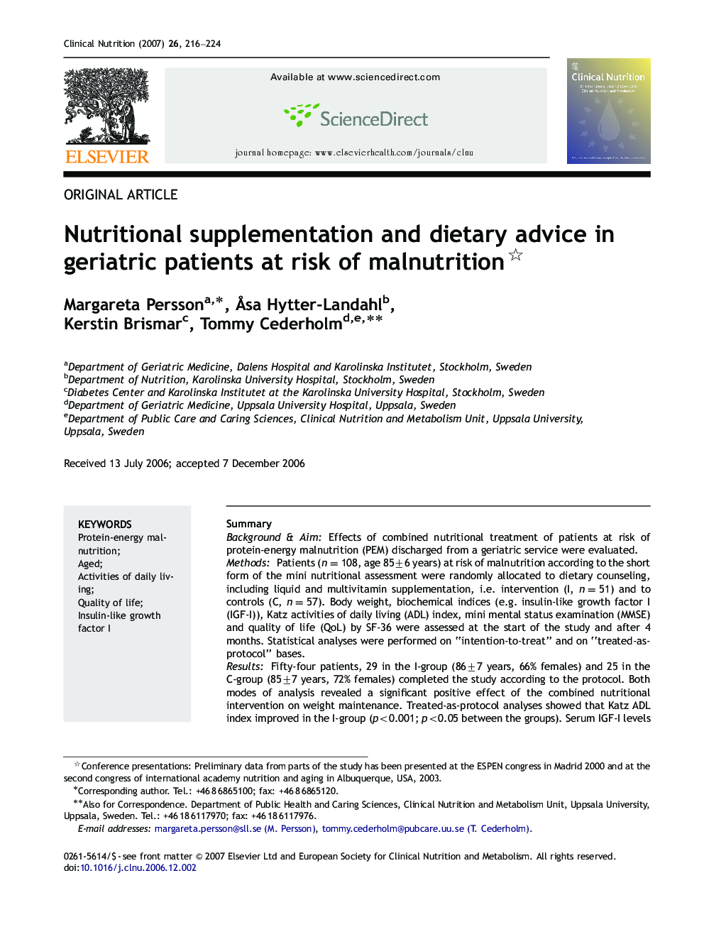 Nutritional supplementation and dietary advice in geriatric patients at risk of malnutrition 