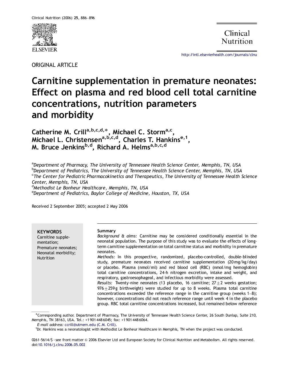 Carnitine supplementation in premature neonates: Effect on plasma and red blood cell total carnitine concentrations, nutrition parameters and morbidity