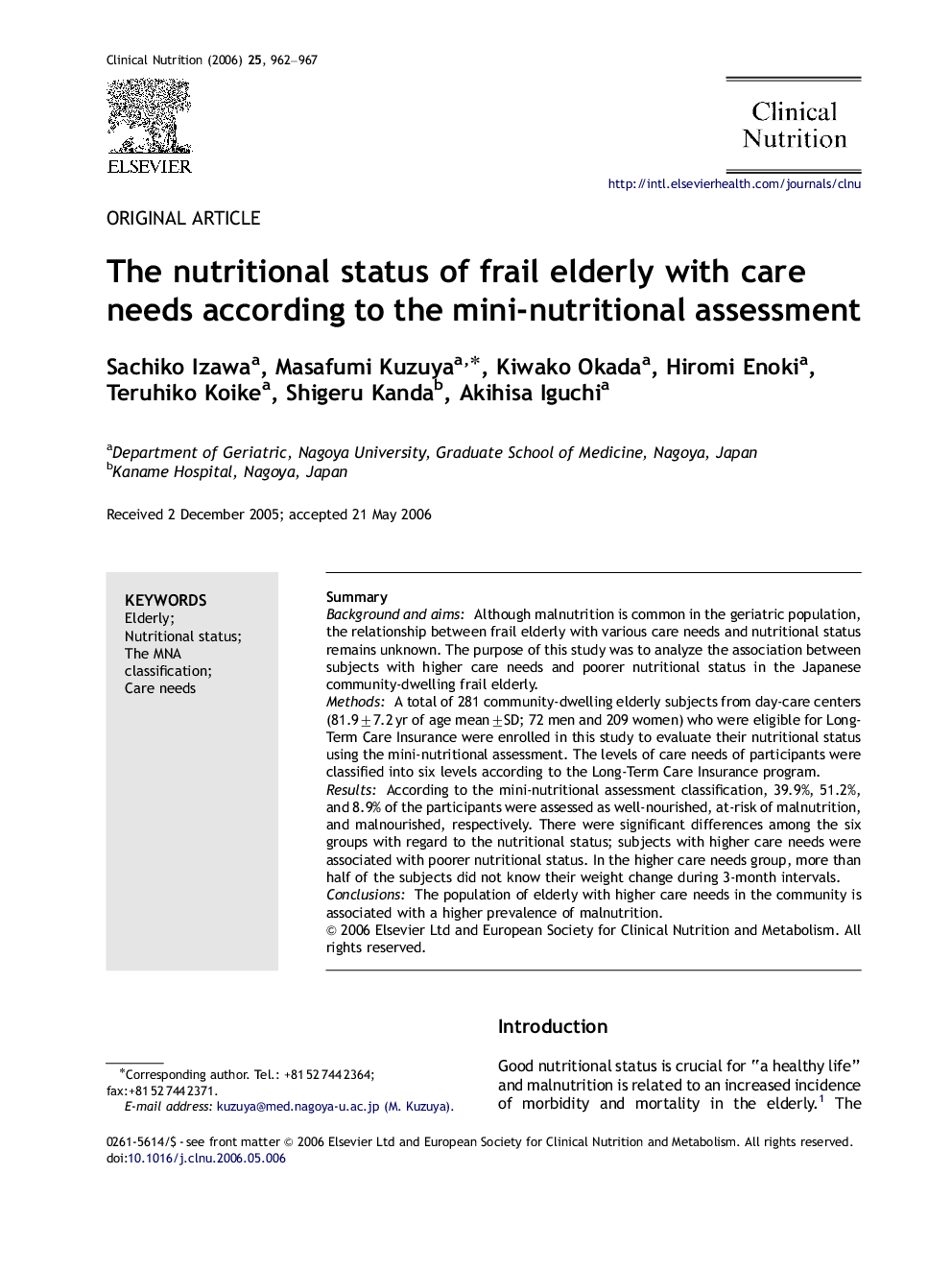 The nutritional status of frail elderly with care needs according to the mini-nutritional assessment