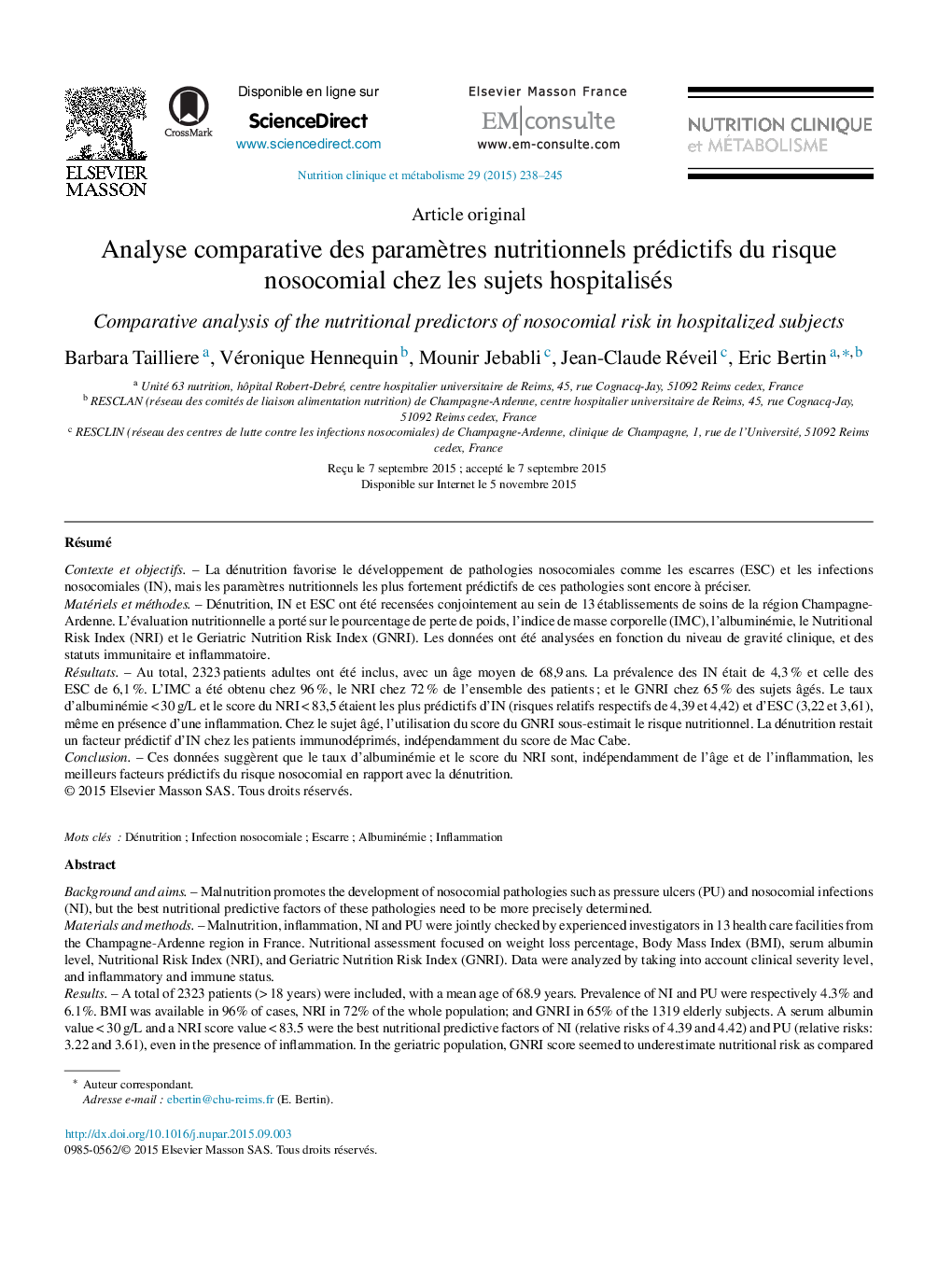 Analyse comparative des paramètres nutritionnels prédictifs du risque nosocomial chez les sujets hospitalisés