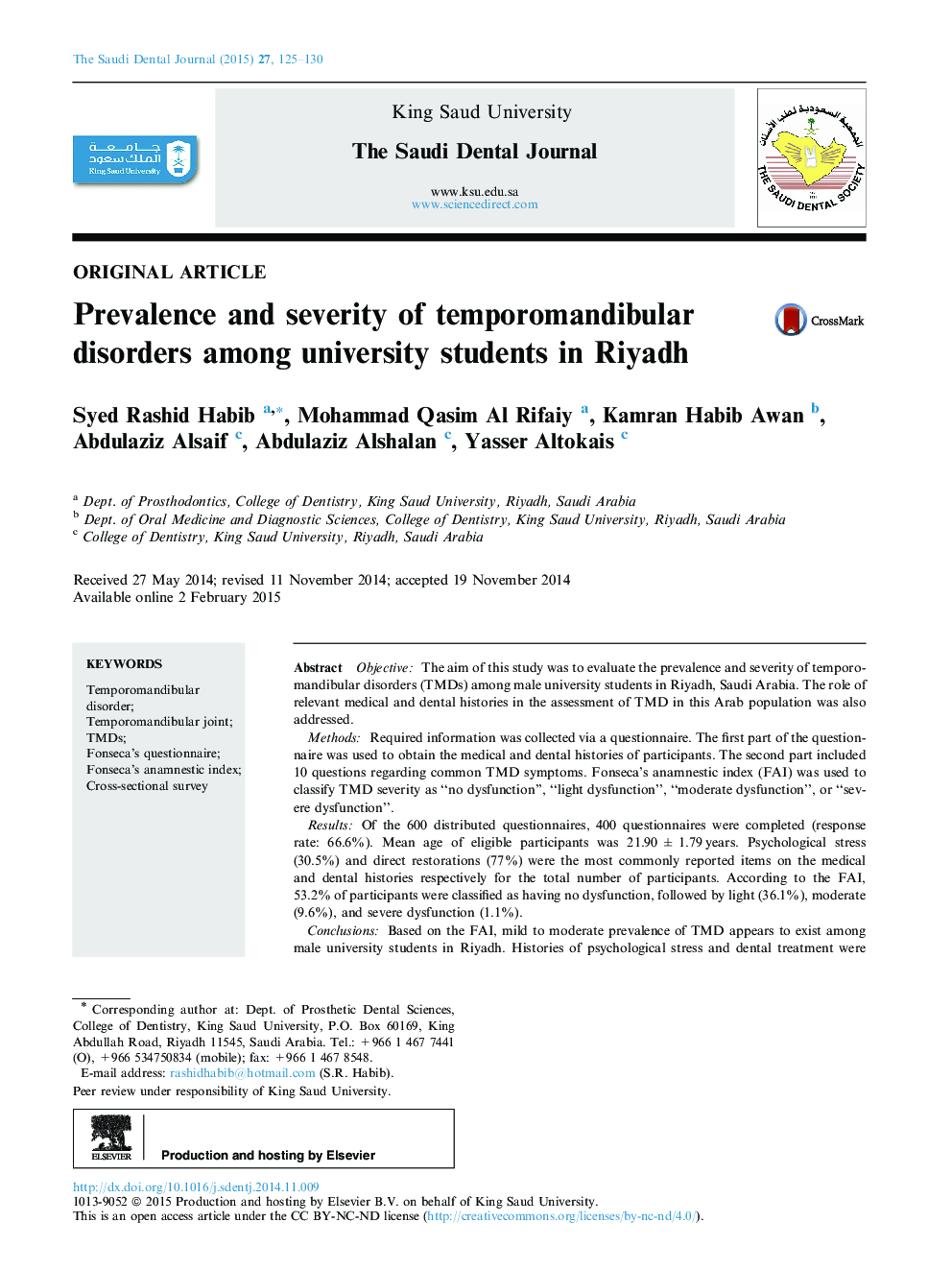 Prevalence and severity of temporomandibular disorders among university students in Riyadh 