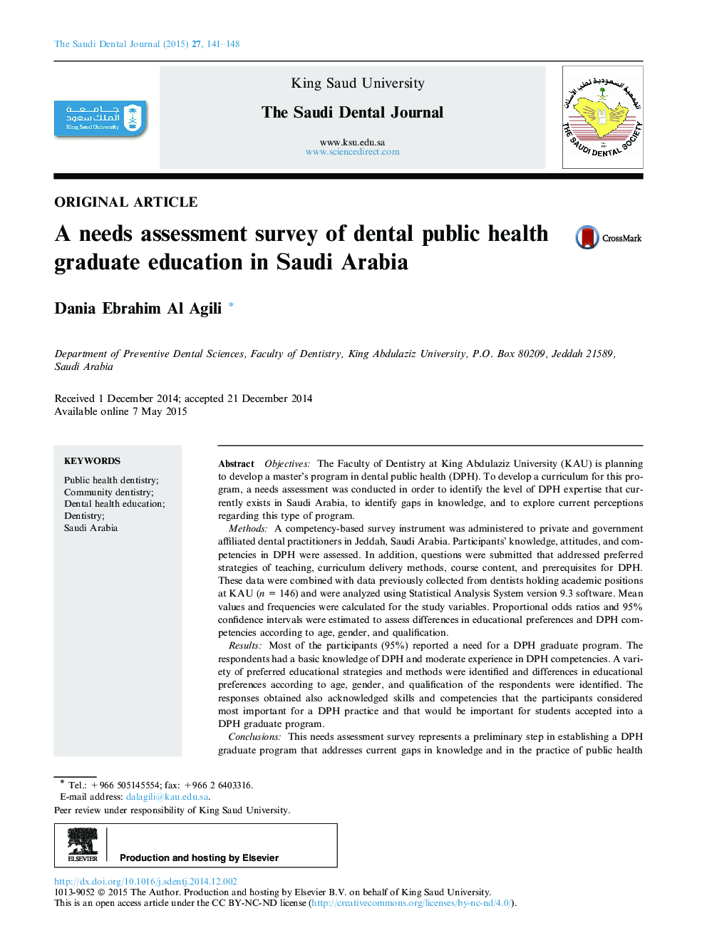 یک ارزیابی نیاز سنجی از آموزش فارغ التحصیلان بهداشت عمومی دندانپزشکی در عربستان سعودی 