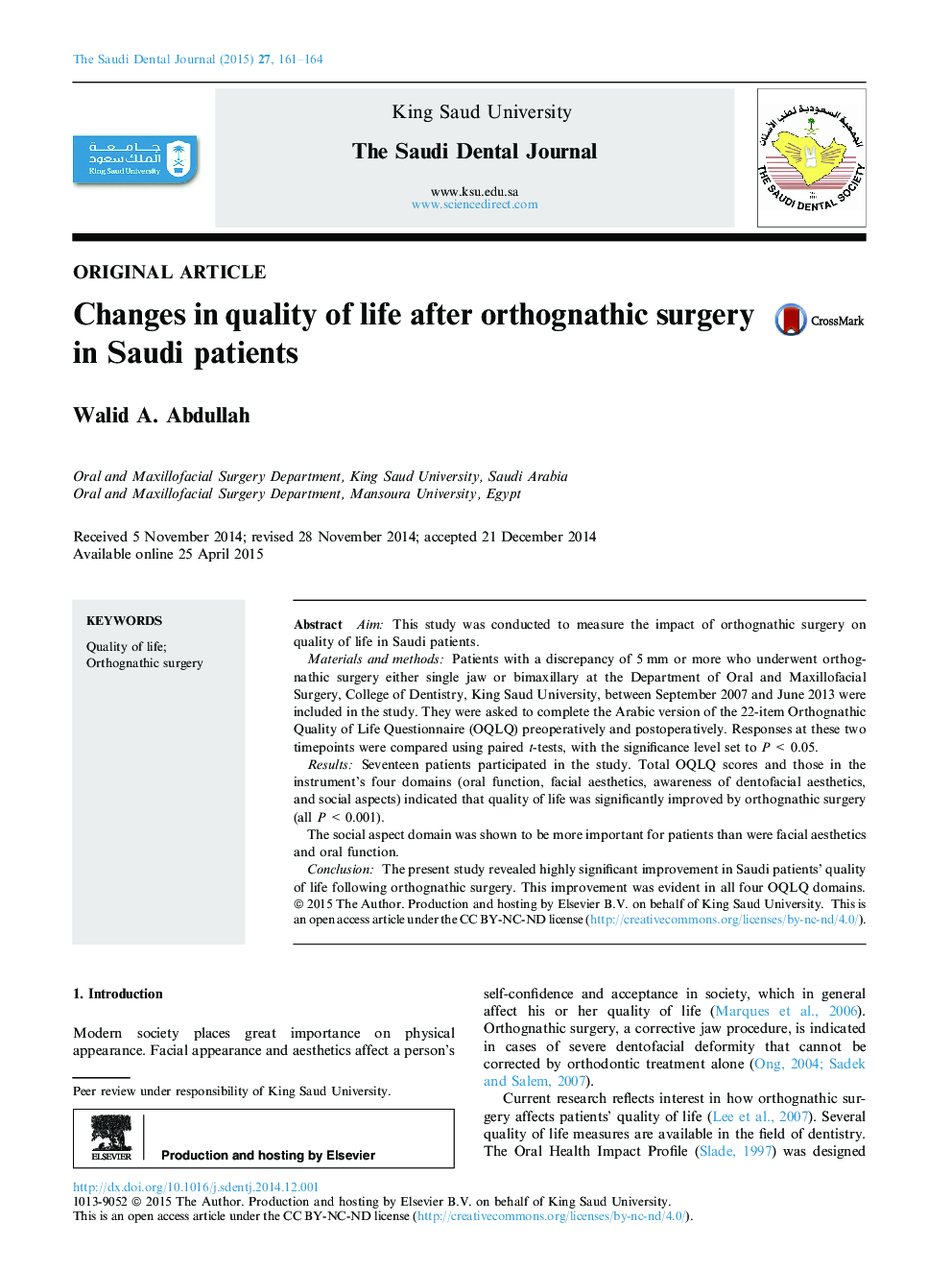 Changes in quality of life after orthognathic surgery in Saudi patients 