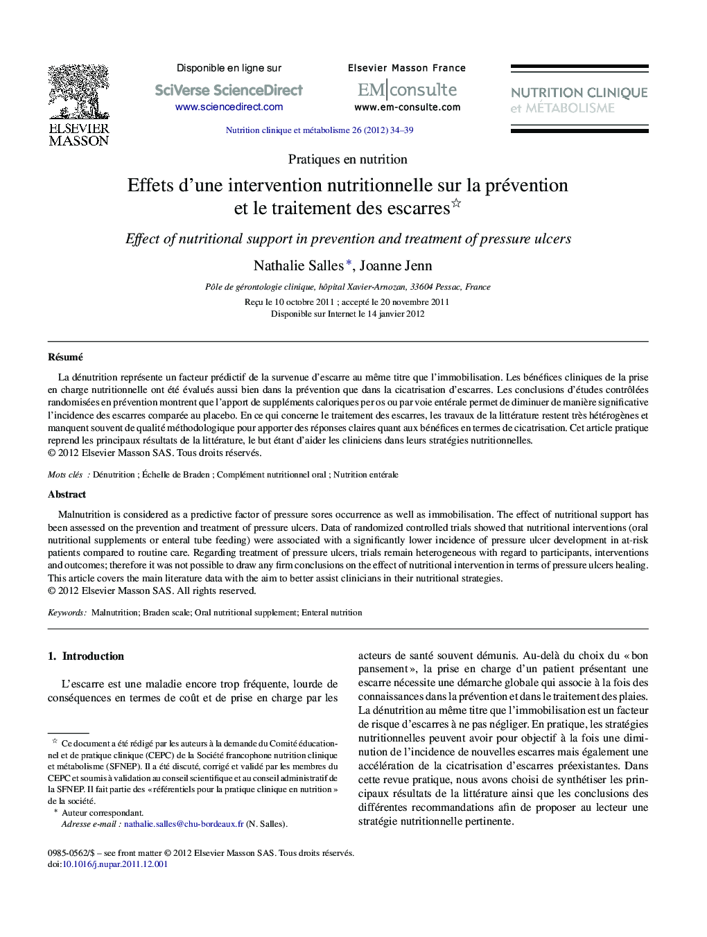 Effets d’une intervention nutritionnelle sur la prévention et le traitement des escarres 