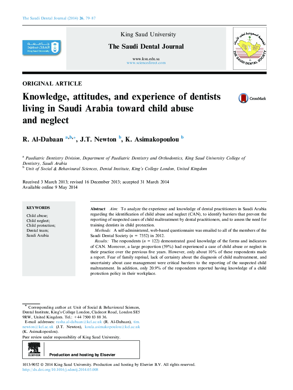 دانش، نگرش و تجربه دندانپزشکان ساکن عربستان سعودی در برابر سوء استفاده و غفلت کودکان 