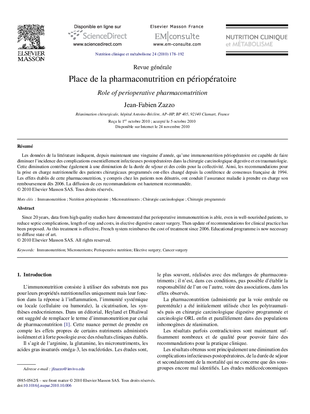 Place de la pharmaconutrition en périopératoire