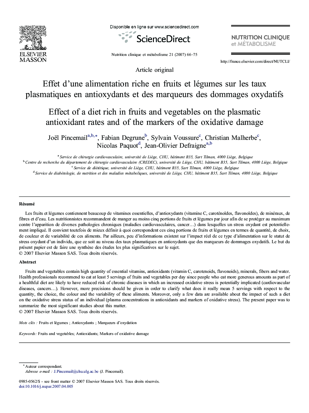 Effet d'une alimentation riche en fruits et légumes sur les taux plasmatiques en antioxydants et des marqueurs des dommages oxydatifs