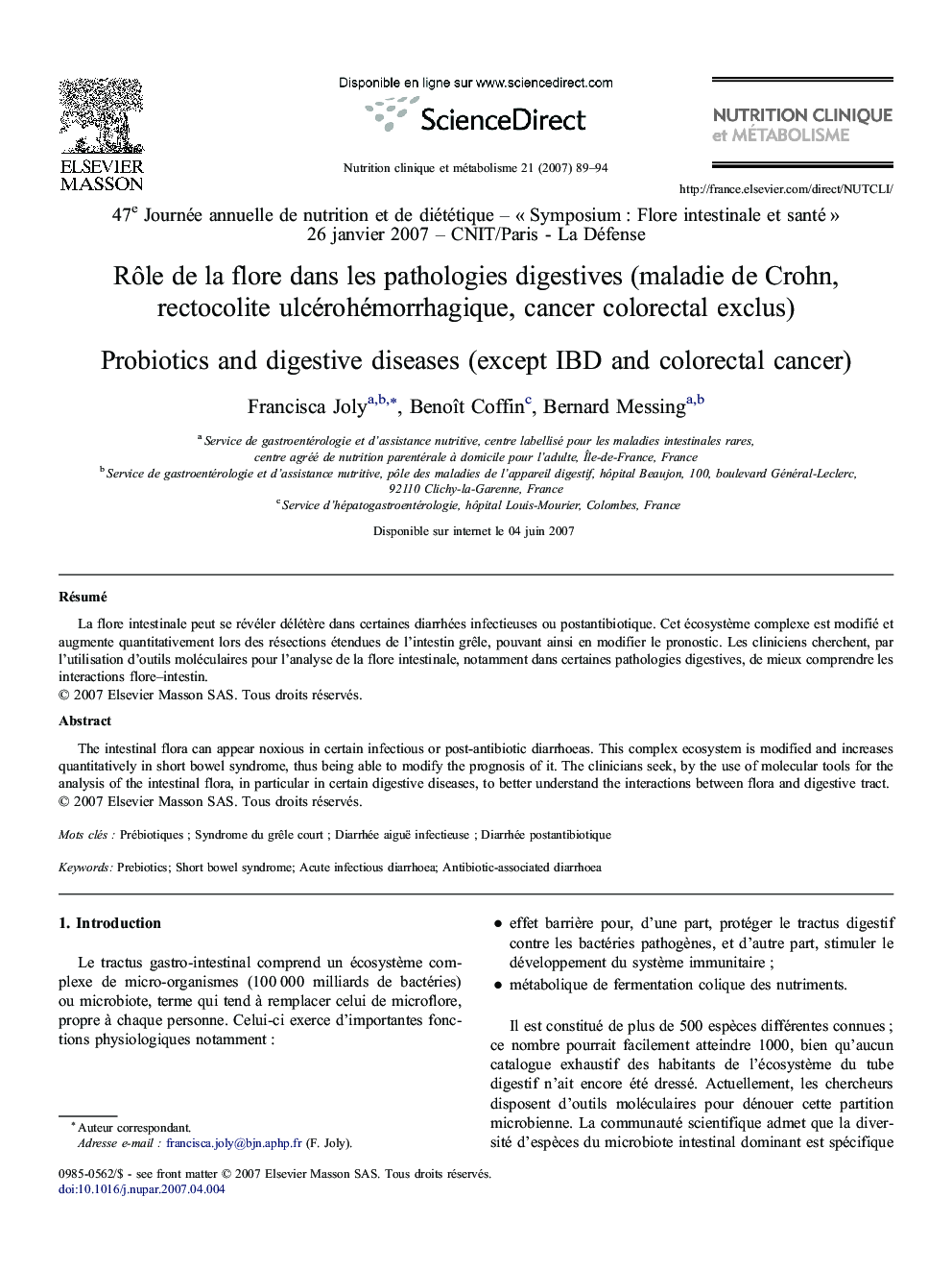 Rôle de la flore dans les pathologies digestives (maladie de Crohn, rectocolite ulcérohémorrhagique, cancer colorectal exclus)