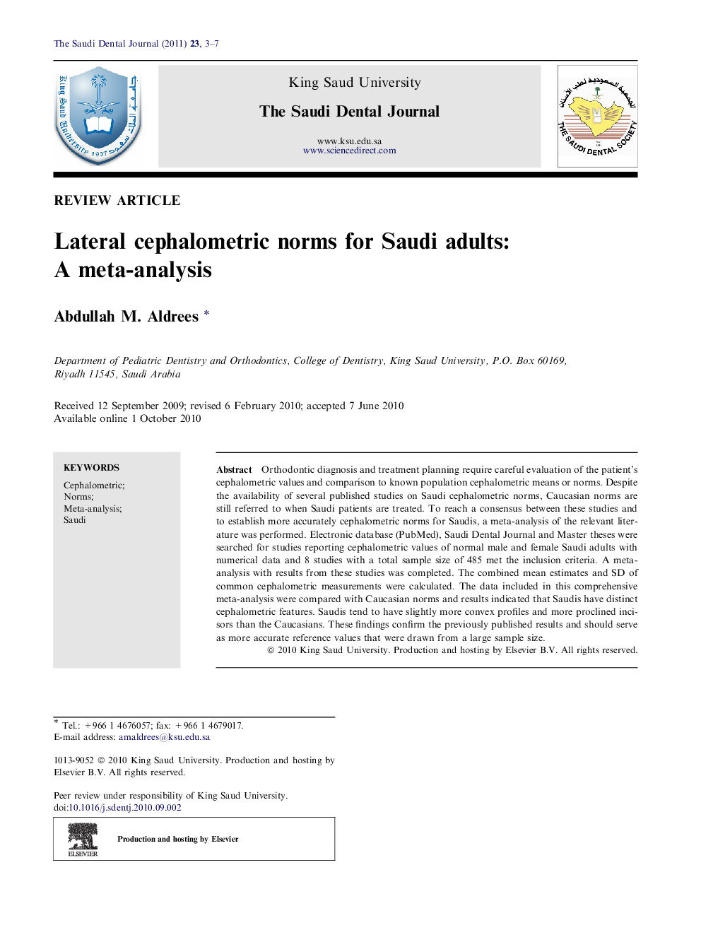 Lateral cephalometric norms for Saudi adults: A meta-analysis