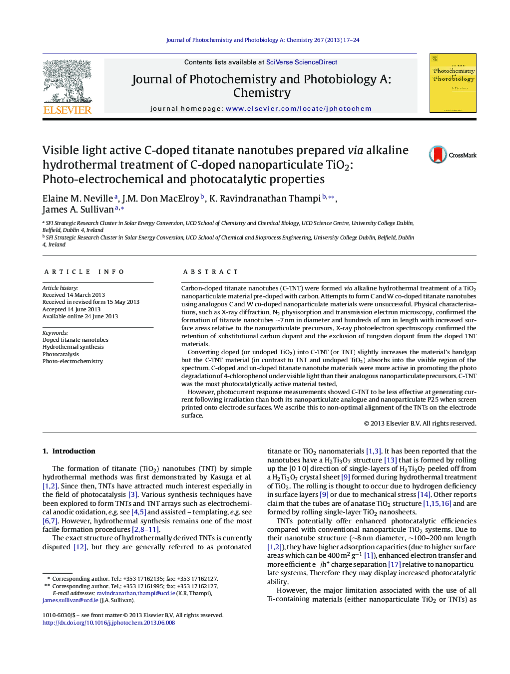 Visible light active C-doped titanate nanotubes prepared via alkaline hydrothermal treatment of C-doped nanoparticulate TiO2: Photo-electrochemical and photocatalytic properties