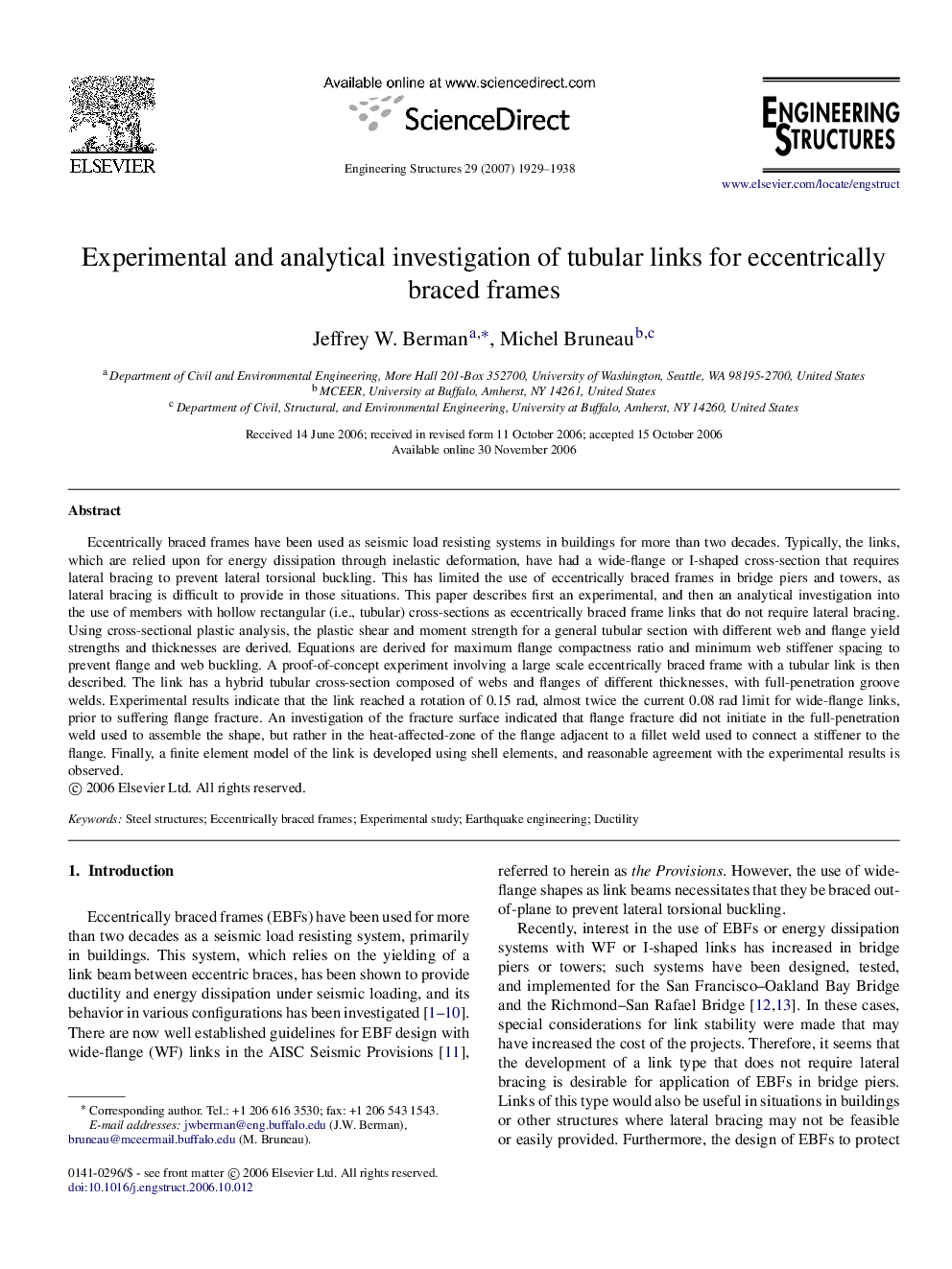 Experimental and analytical investigation of tubular links for eccentrically braced frames