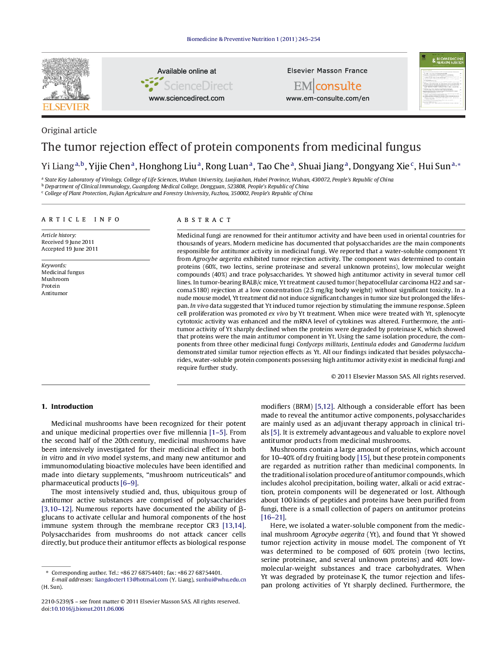 The tumor rejection effect of protein components from medicinal fungus