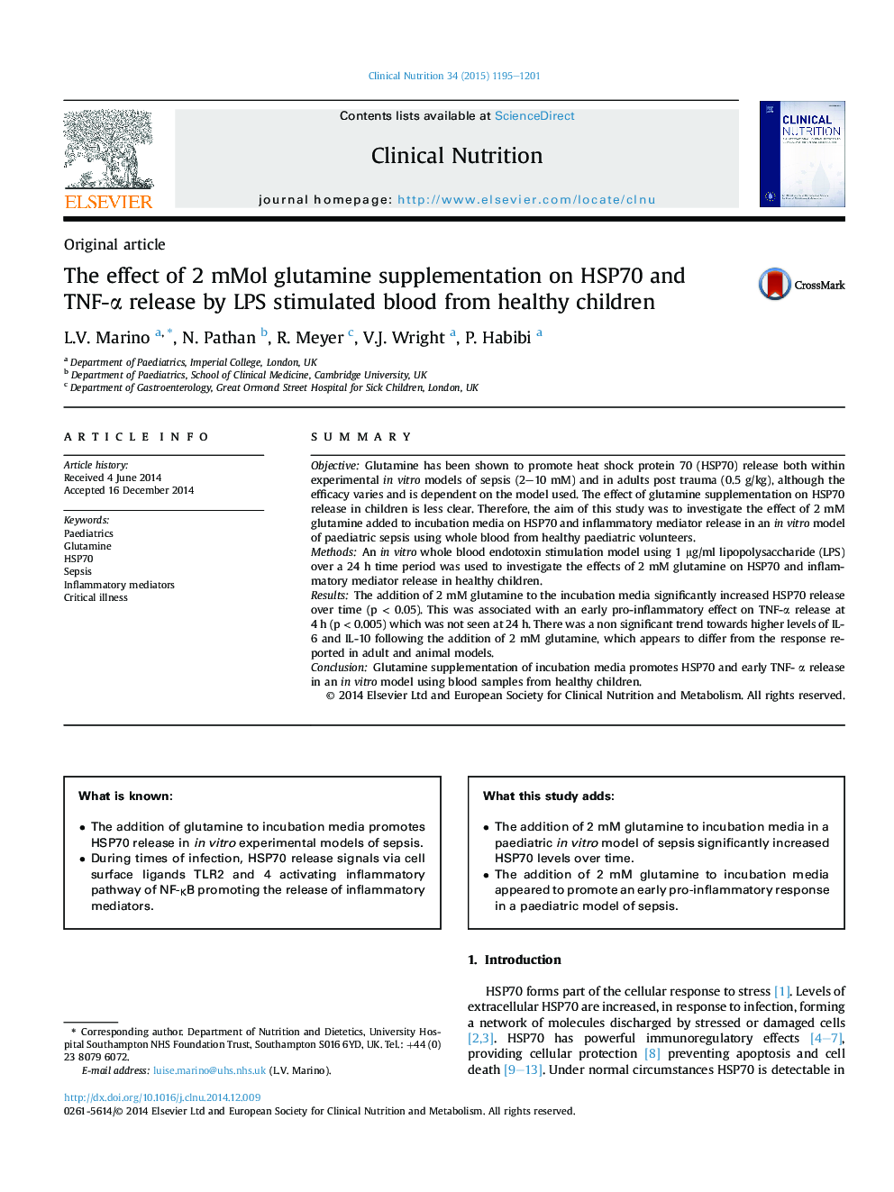 The effect of 2 mMol glutamine supplementation on HSP70 and TNF-α release by LPS stimulated blood from healthy children