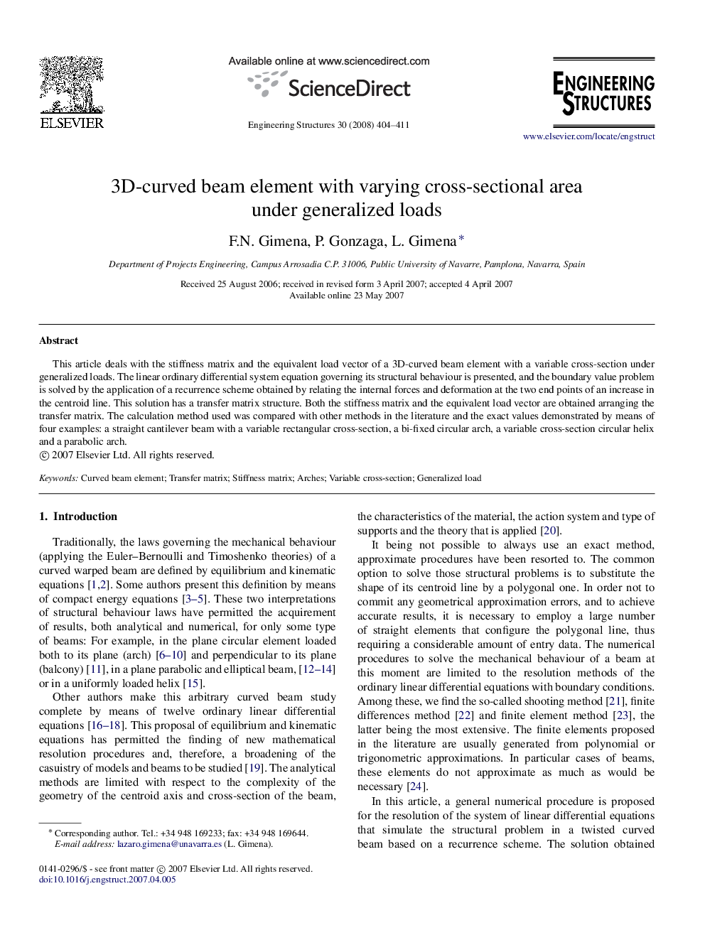 3D-curved beam element with varying cross-sectional area under generalized loads