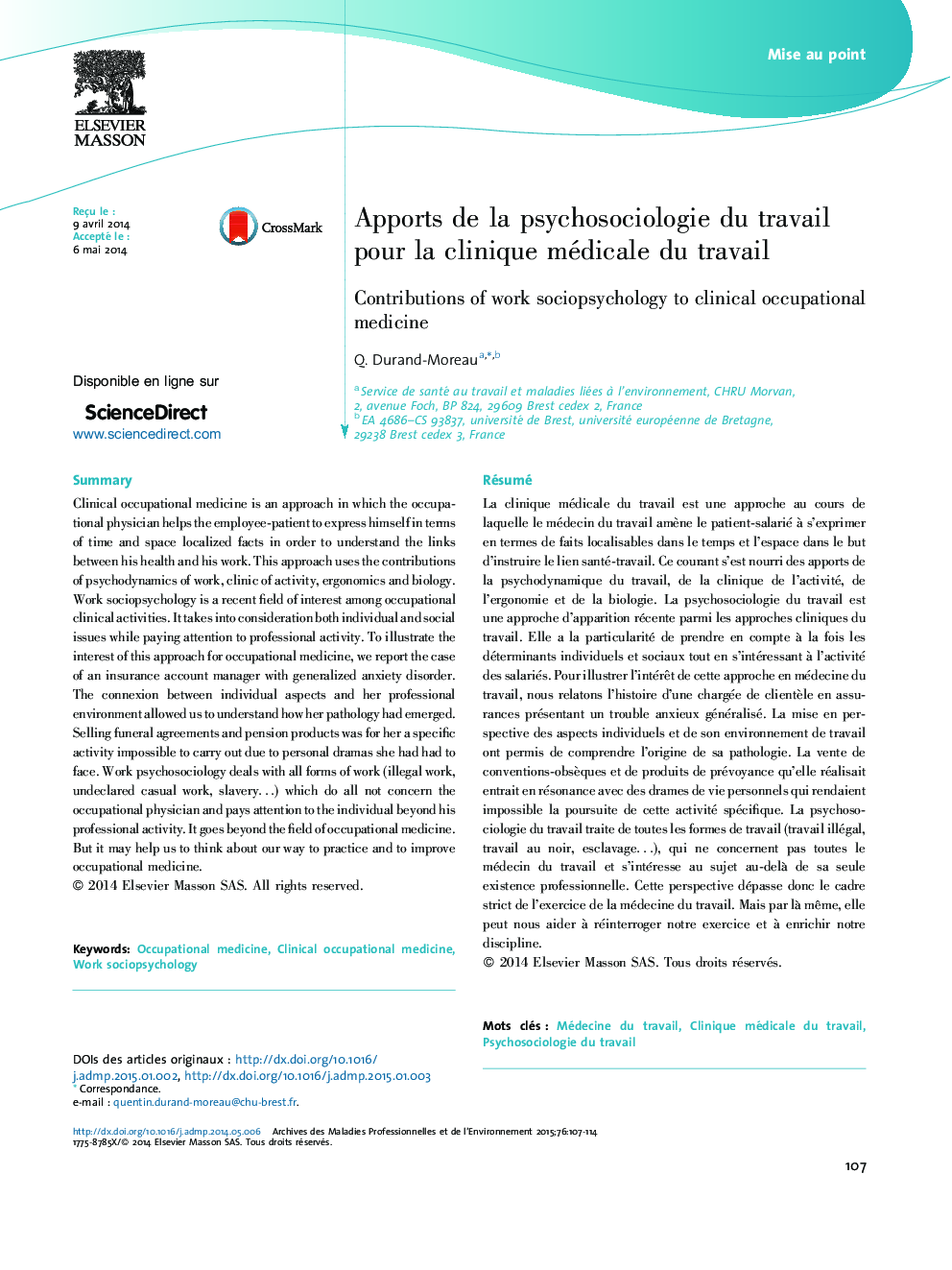 Apports de la psychosociologie du travail pour la clinique médicale du travail