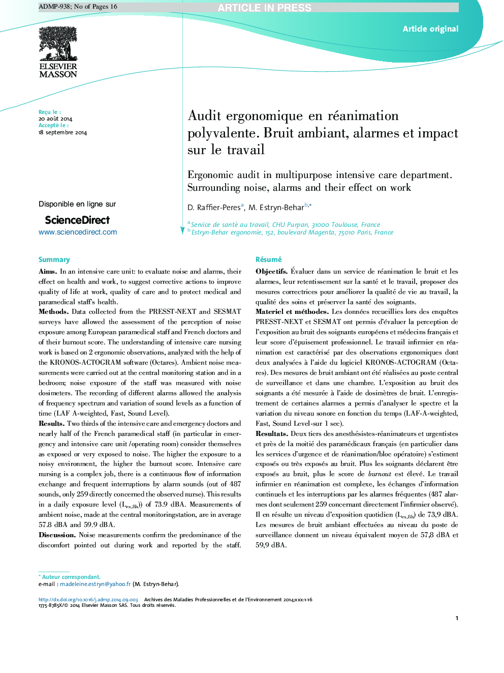 Audit ergonomique en réanimation polyvalente. Bruit ambiant, alarmes et impact sur le travail