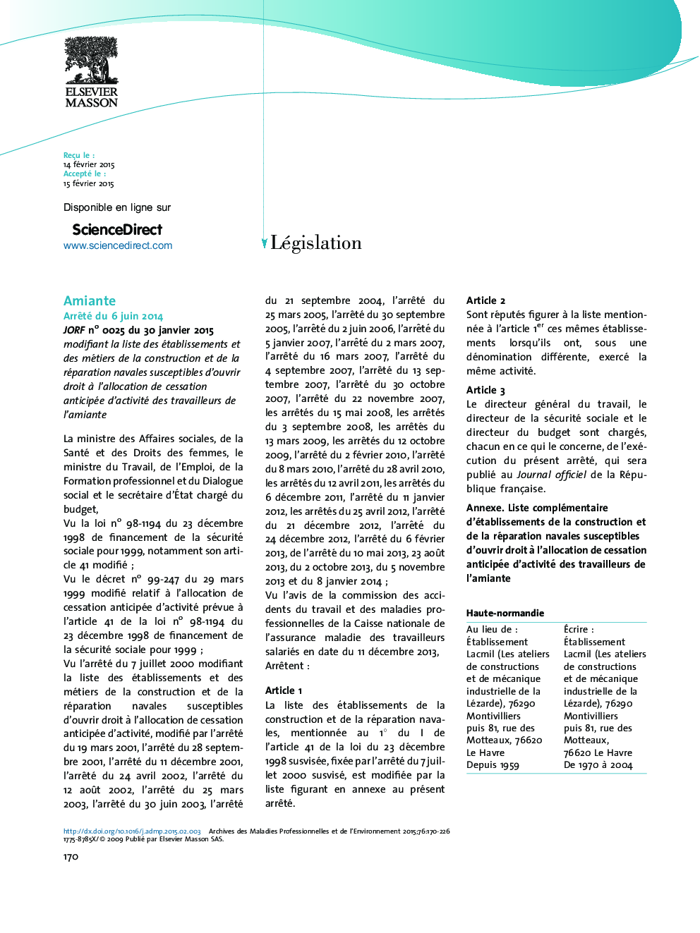 عکس صفحه اول مقاله: Législation Législation