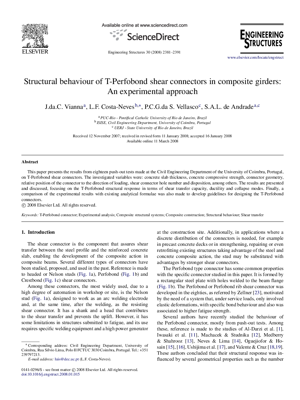 Structural behaviour of T-Perfobond shear connectors in composite girders: An experimental approach