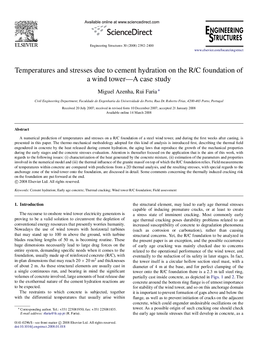 Temperatures and stresses due to cement hydration on the R/C foundation of a wind tower—A case study