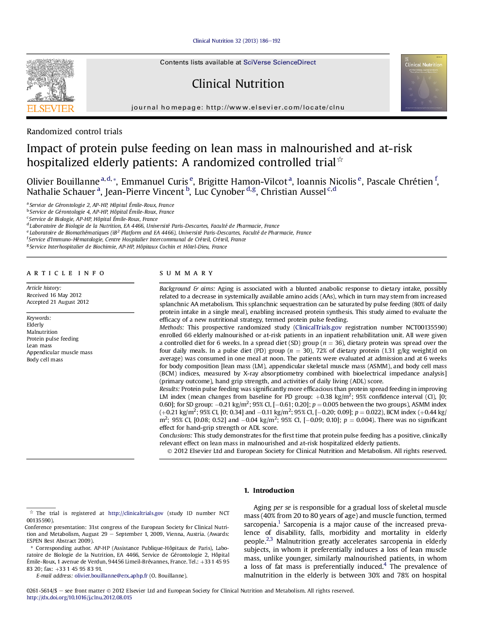 Impact of protein pulse feeding on lean mass in malnourished and at-risk hospitalized elderly patients: A randomized controlled trial 