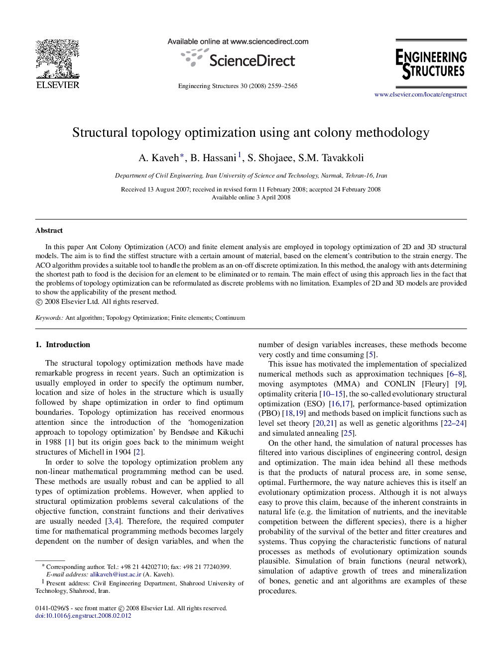 Structural topology optimization using ant colony methodology