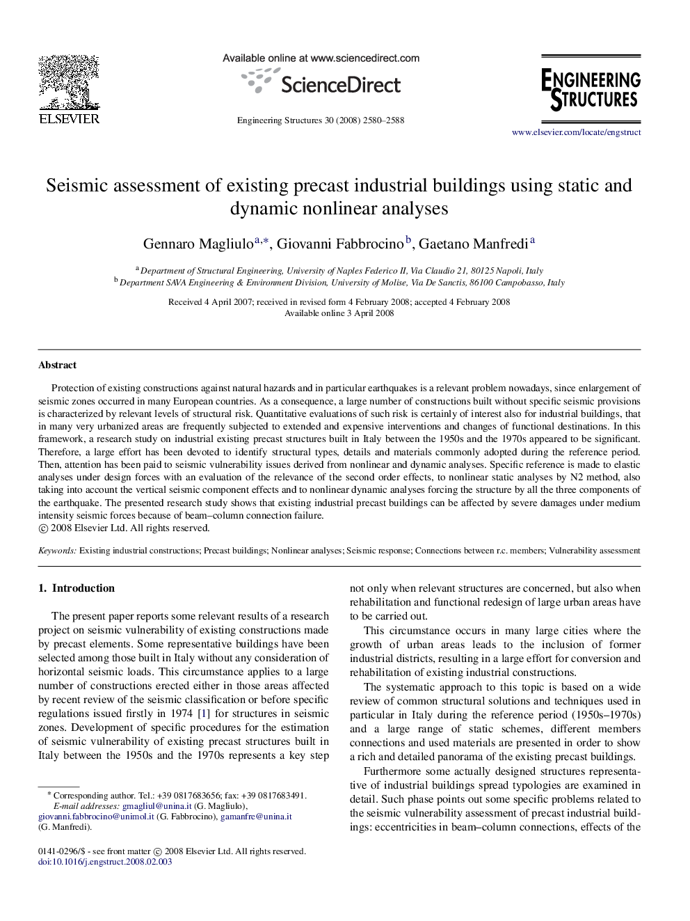 Seismic assessment of existing precast industrial buildings using static and dynamic nonlinear analyses