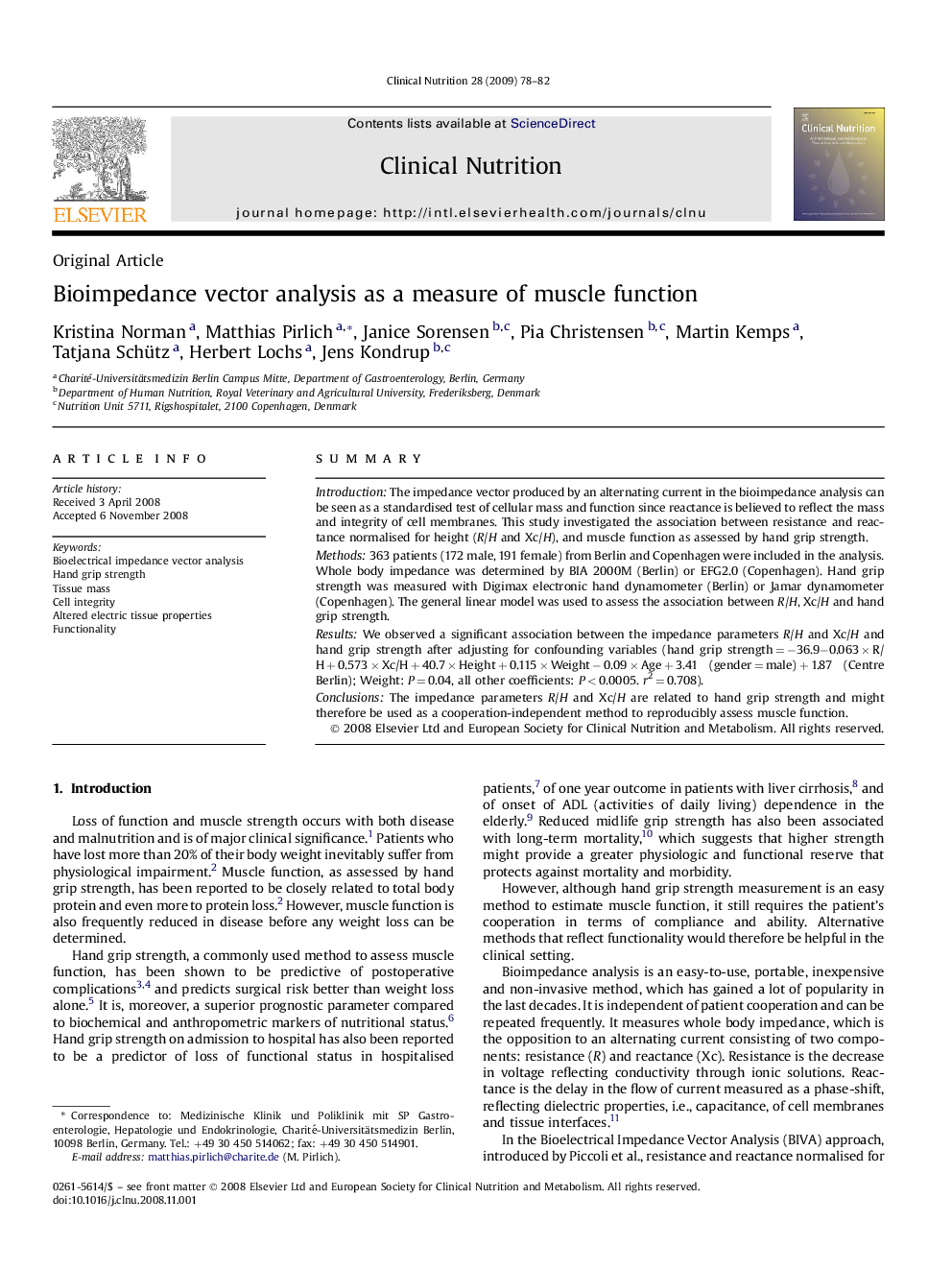 Bioimpedance vector analysis as a measure of muscle function