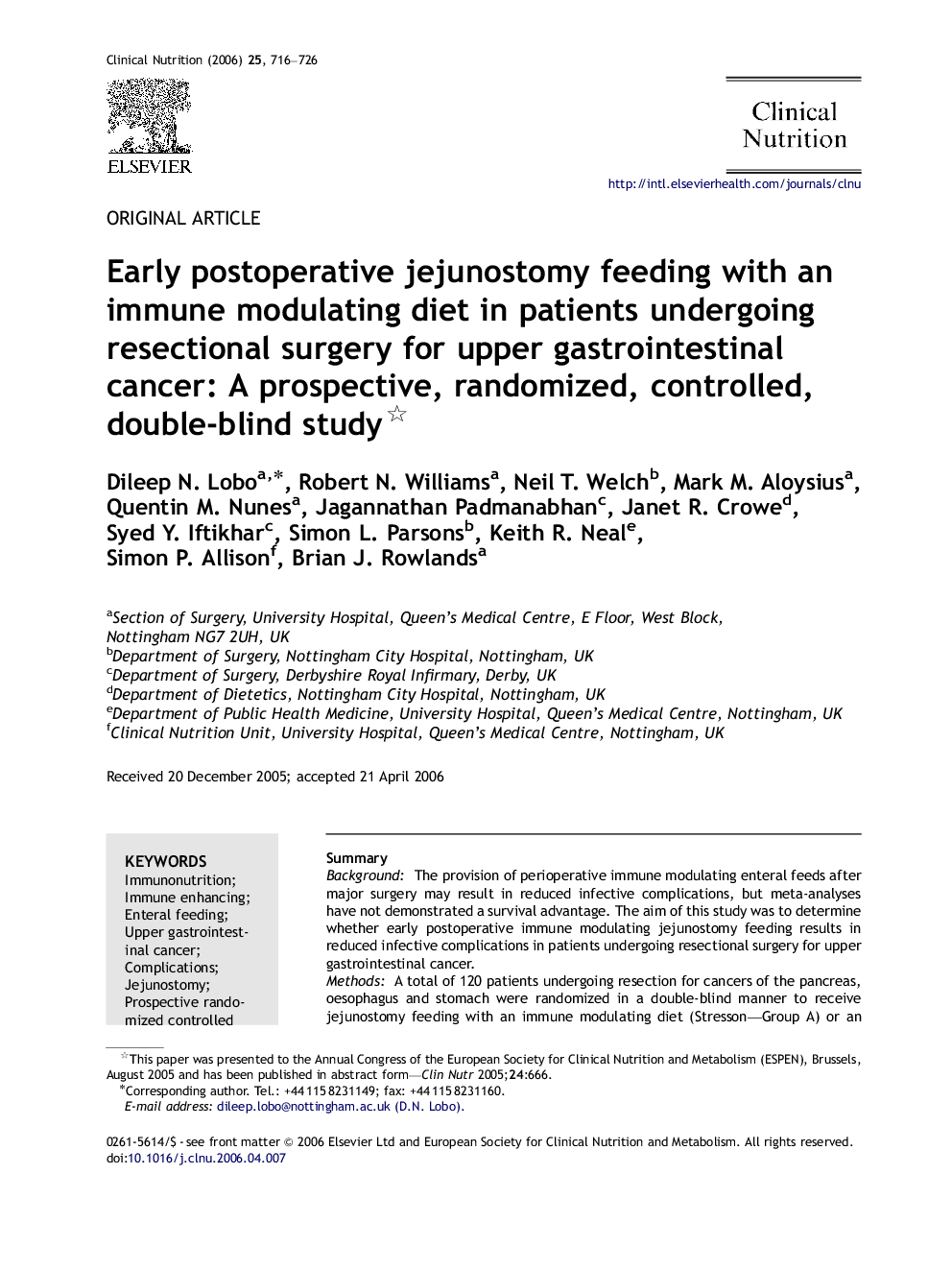 Early postoperative jejunostomy feeding with an immune modulating diet in patients undergoing resectional surgery for upper gastrointestinal cancer: A prospective, randomized, controlled, double-blind study 