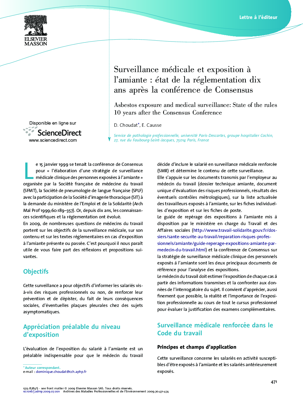 عکس صفحه اول مقاله: Surveillance médicale et exposition à l'amiante : état de la réglementation dix ans après la conférence de Consensus Surveillance médicale et exposition à l'amiante : état de la réglementation dix ans après la conférence de Consensus