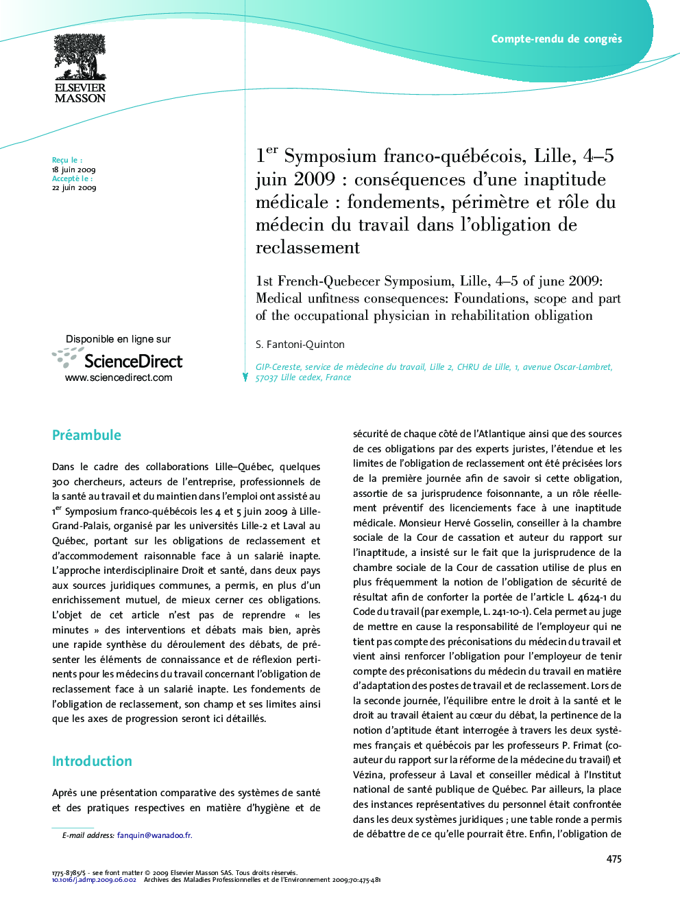عکس صفحه اول مقاله: 1er Symposium franco-québécois, Lille, 4-5 juin 2009 : conséquences d'une inaptitude médicale : fondements, périmètre et rôle du médecin du travail dans l'obligation de reclassement 1er Symposium franco-québécois, Lille, 4-5 juin 2009 : conséquences d'une inaptitude médicale : fondements, périmètre et rôle du médecin du travail dans l'obligation de reclassement