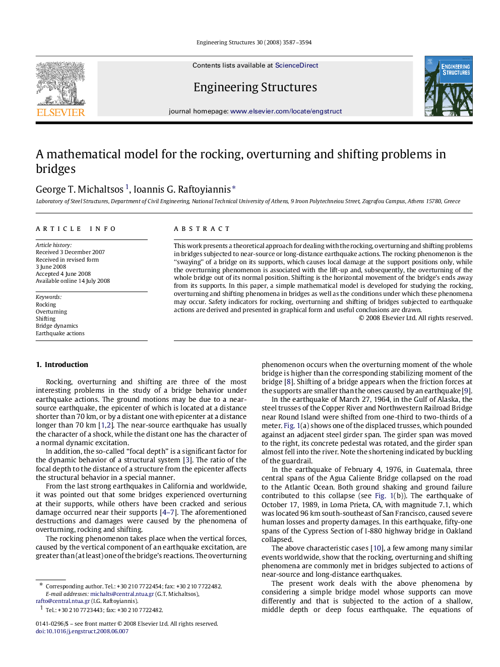 A mathematical model for the rocking, overturning and shifting problems in bridges