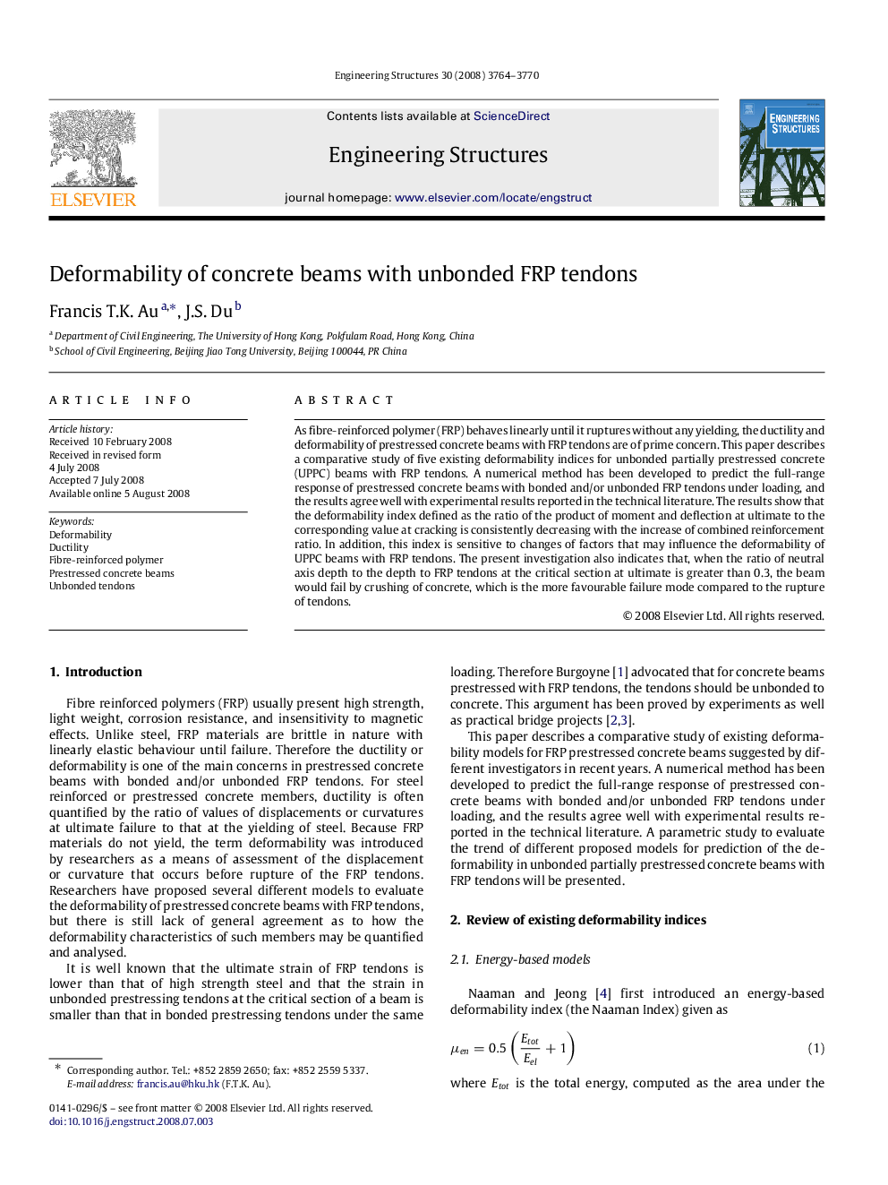 Deformability of concrete beams with unbonded FRP tendons