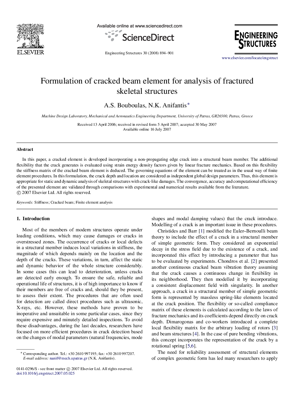 Formulation of cracked beam element for analysis of fractured skeletal structures