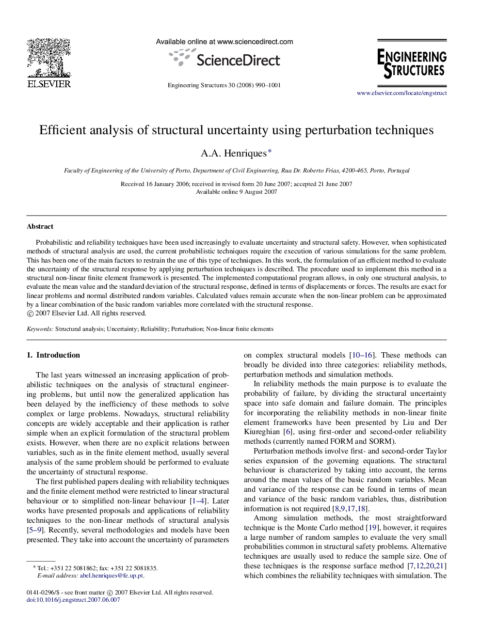 Efficient analysis of structural uncertainty using perturbation techniques
