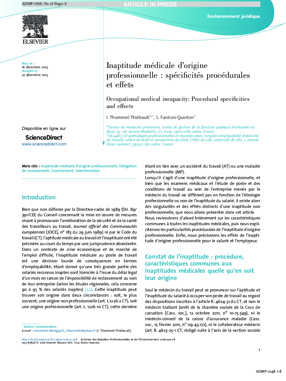 Inaptitude médicale d'origine professionnelleÂ : spécificités procédurales et effets