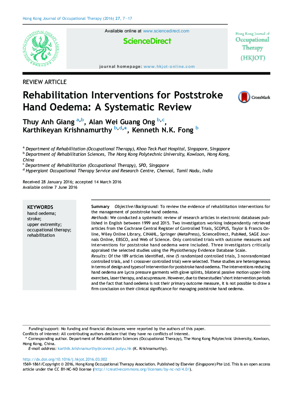 Rehabilitation Interventions for Poststroke Hand Oedema: A Systematic Review 