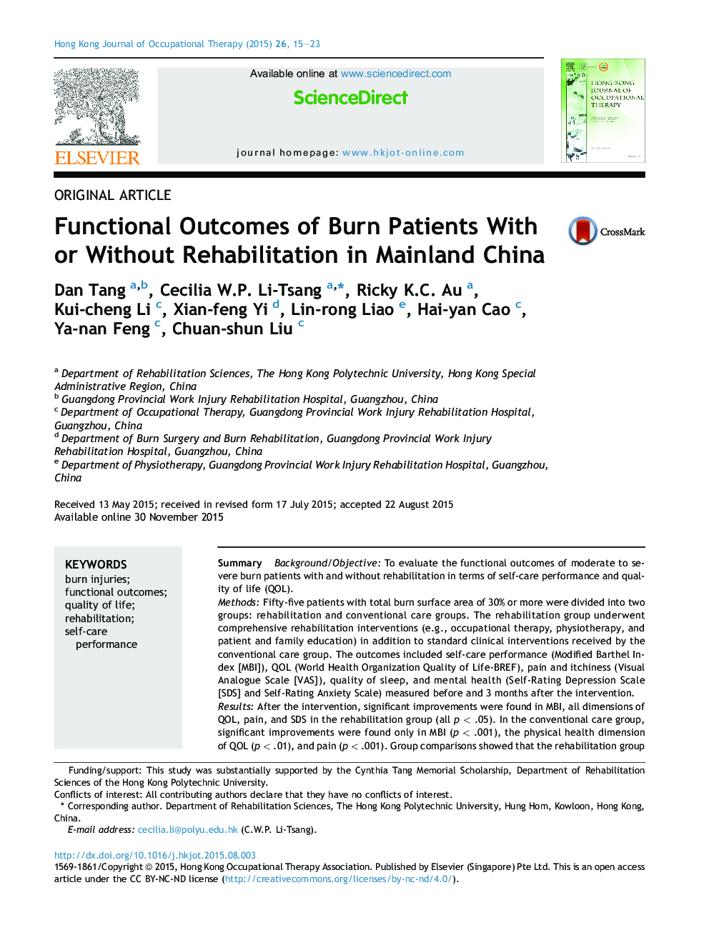 Functional Outcomes of Burn Patients With or Without Rehabilitation in Mainland China 