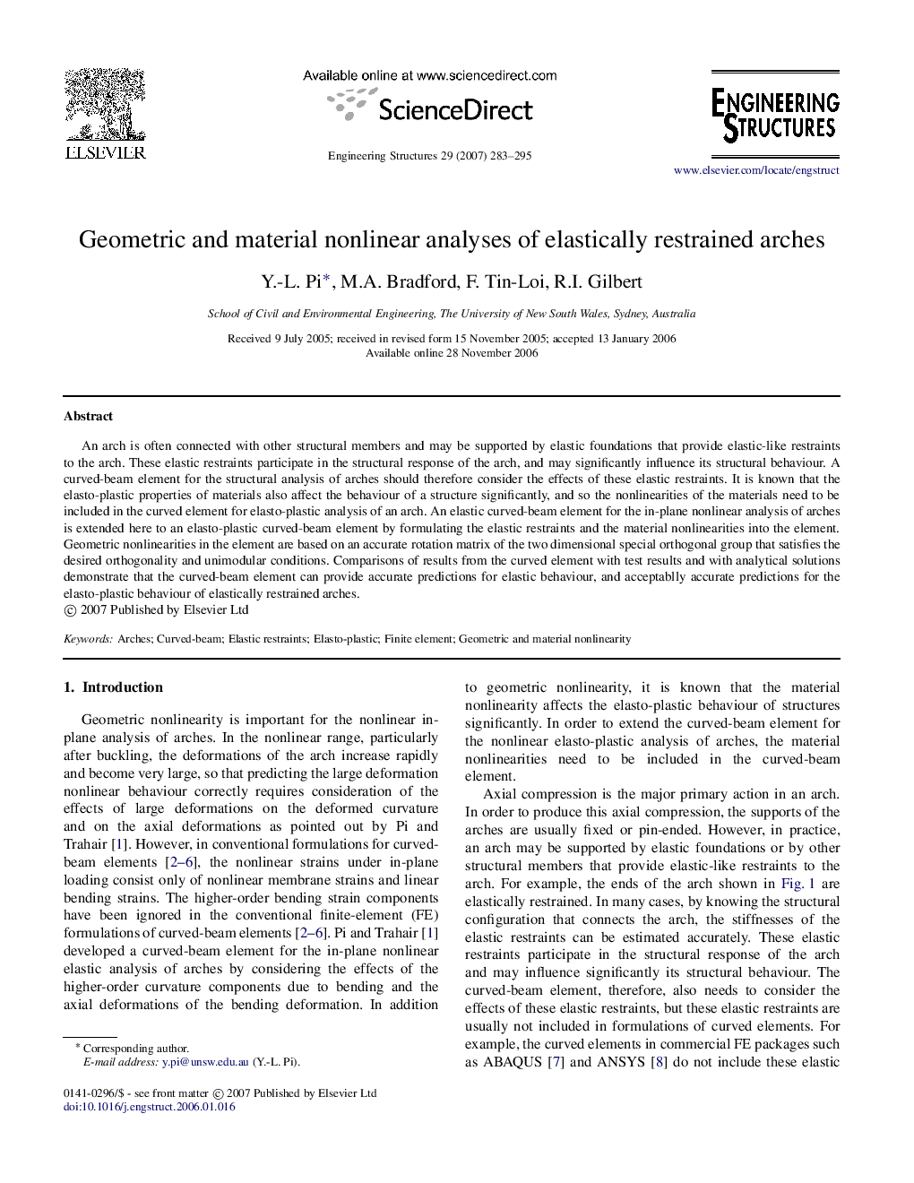 Geometric and material nonlinear analyses of elastically restrained arches