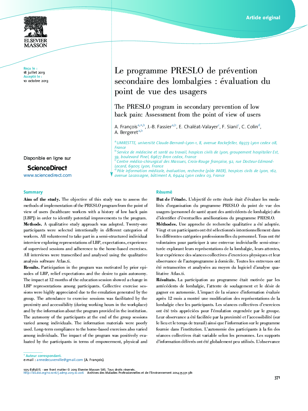 Le programme PRESLO de prévention secondaire des lombalgiesÂ : évaluation du point de vue des usagers