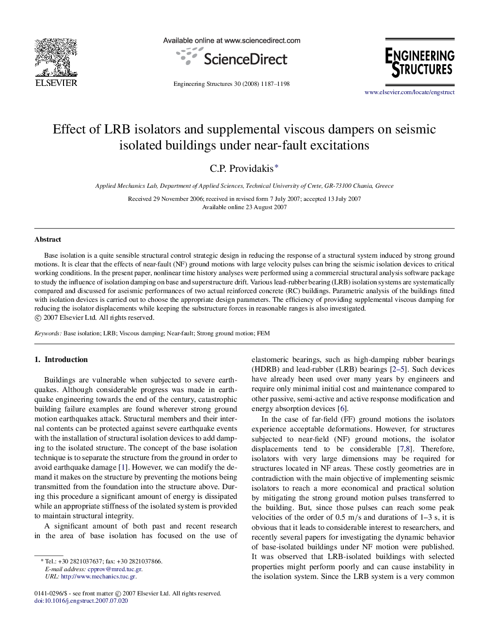 Effect of LRB isolators and supplemental viscous dampers on seismic isolated buildings under near-fault excitations