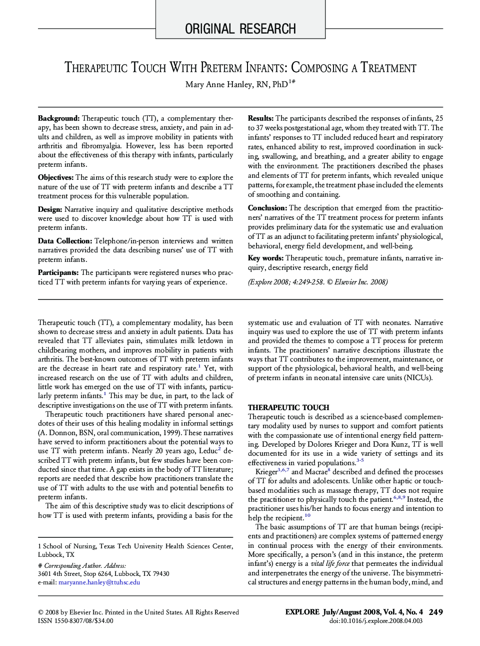 عکس صفحه اول مقاله: Therapeutic Touch With Preterm Infants: Composing a Treatment Therapeutic Touch With Preterm Infants: Composing a Treatment