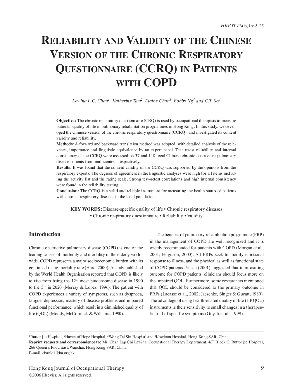 Reliability and Validity of the Chinese Version of the Chronic Respiratory Questionnaire (CCRQ) in Patients with COPD