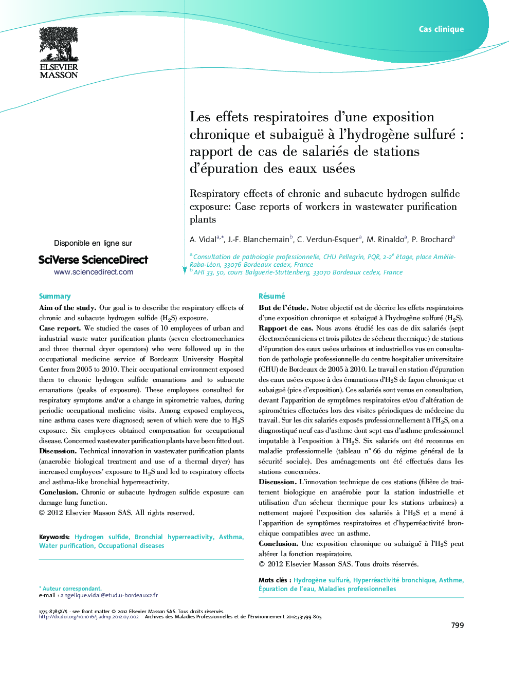 Les effets respiratoires d'une exposition chronique et subaiguë Ã  l'hydrogÃ¨ne sulfuréÂ : rapport de cas de salariés de stations d'épuration des eaux usées