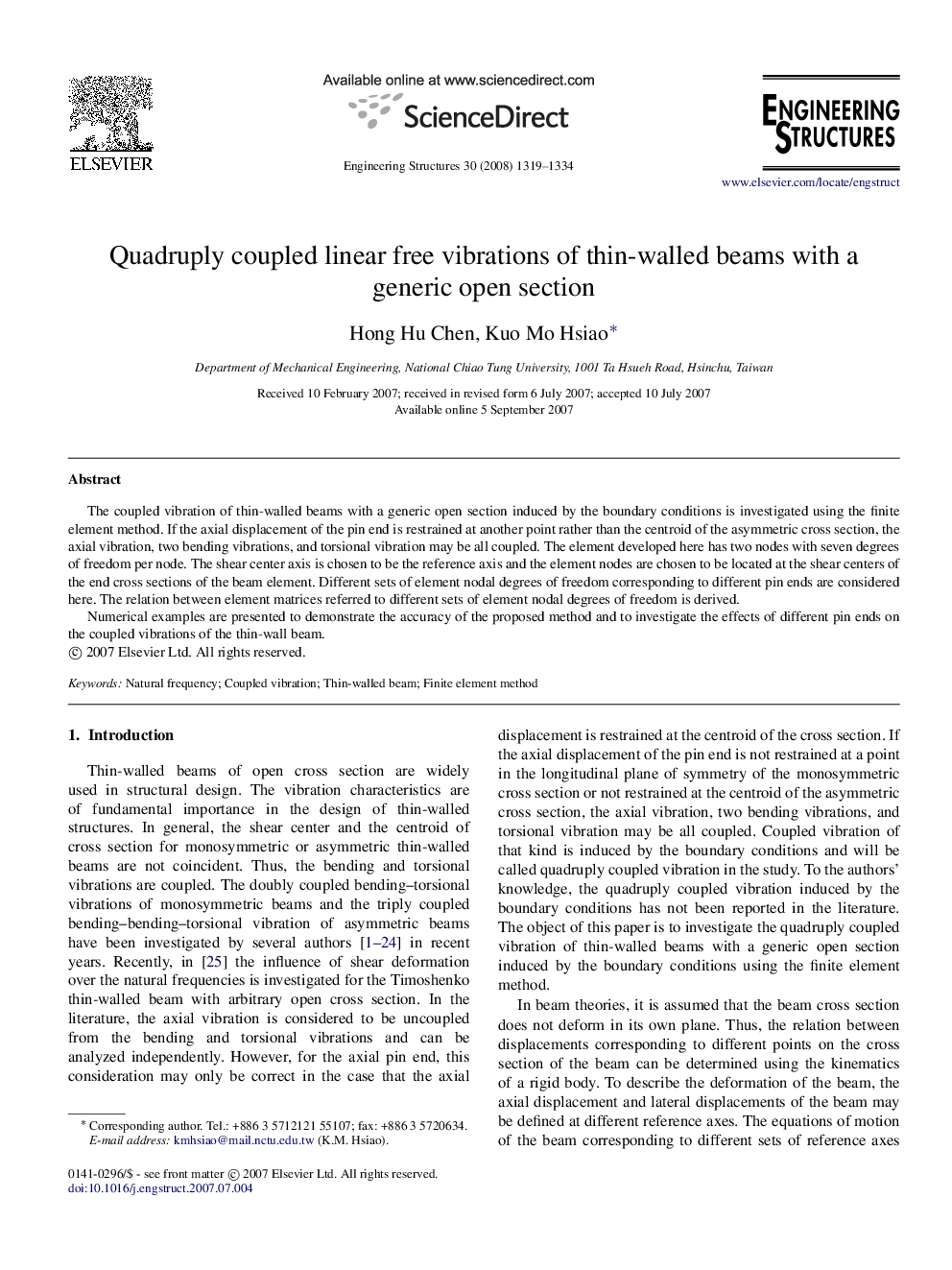 Quadruply coupled linear free vibrations of thin-walled beams with a generic open section